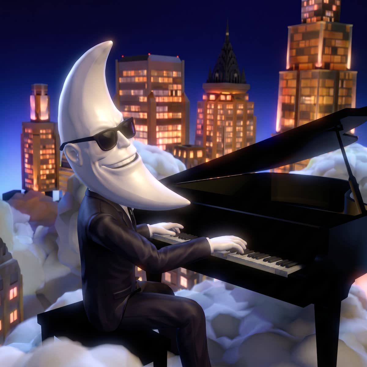 Mac Tonight playing piano above the city